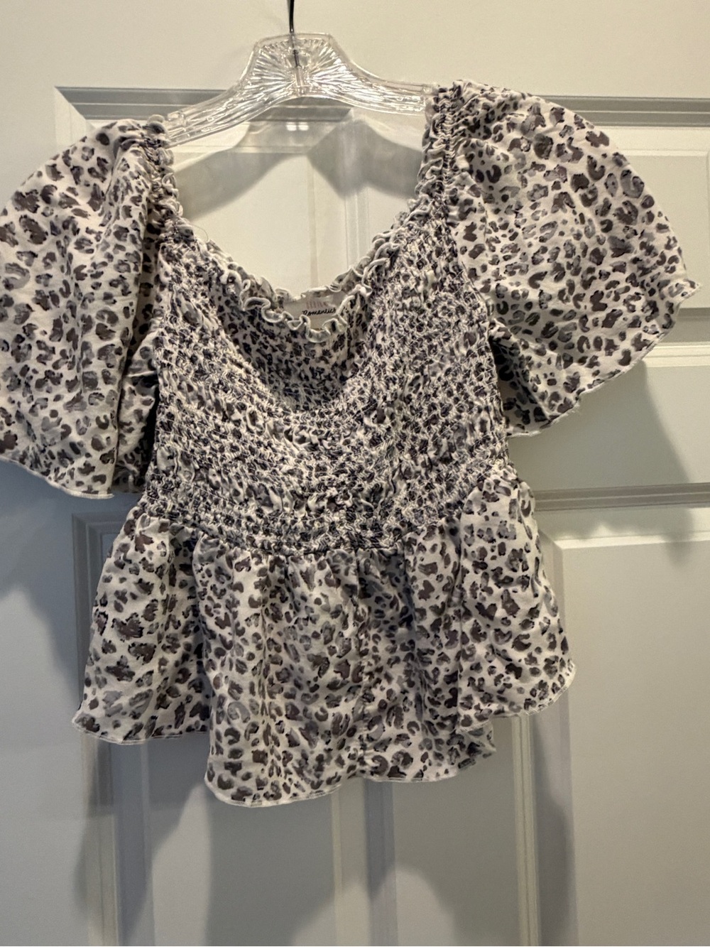 URBAN Romantics White and Gray Leopard Smocked Peplum Top